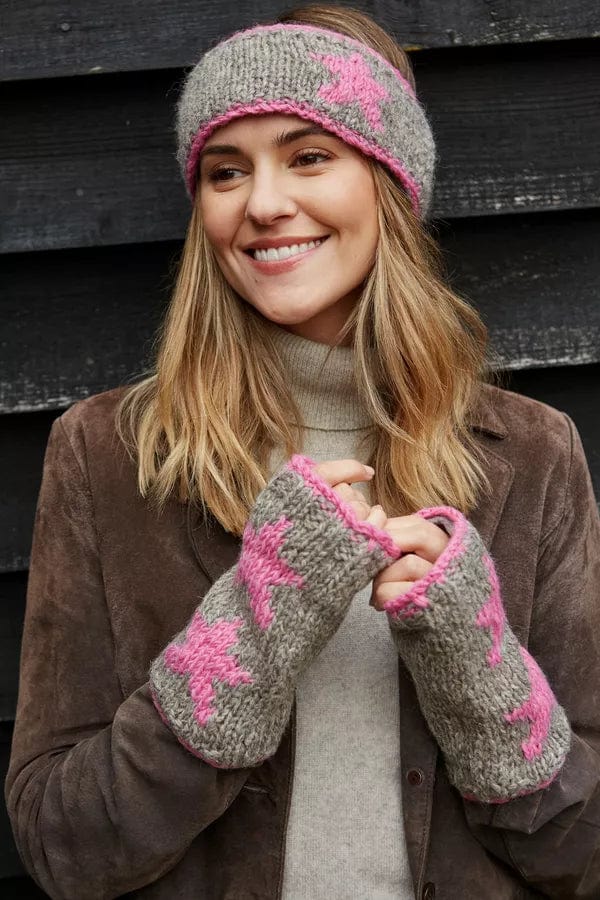 lusciousscarves Pachamama Star Headband, Pink and Grey , Hand Knitted