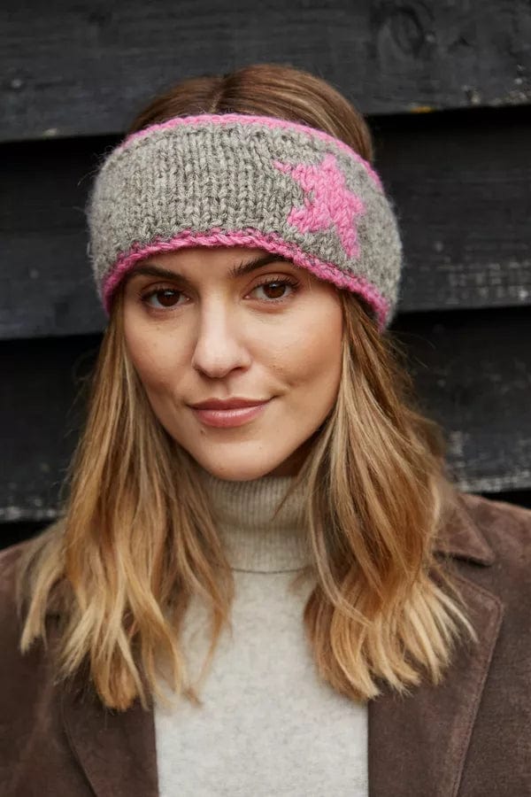 lusciousscarves Pachamama Star Headband, Pink and Grey , Hand Knitted