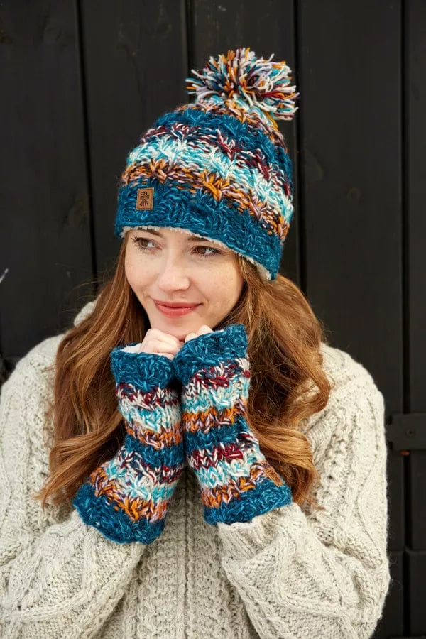 lusciousscarves Pachamama Utrecht Bobble Beanie Teal Blue, Hand Knitted