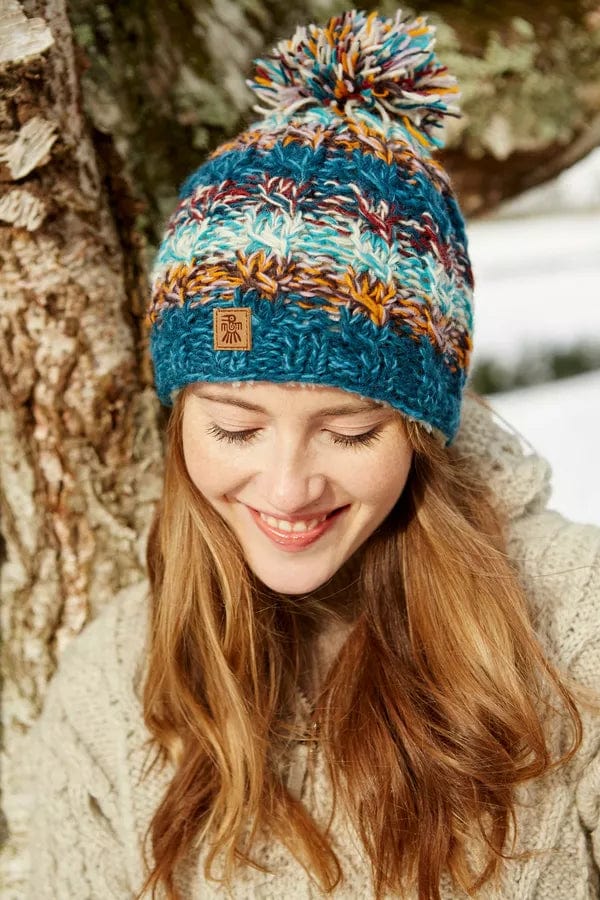 lusciousscarves Pachamama Utrecht Bobble Beanie Teal Blue, Hand Knitted