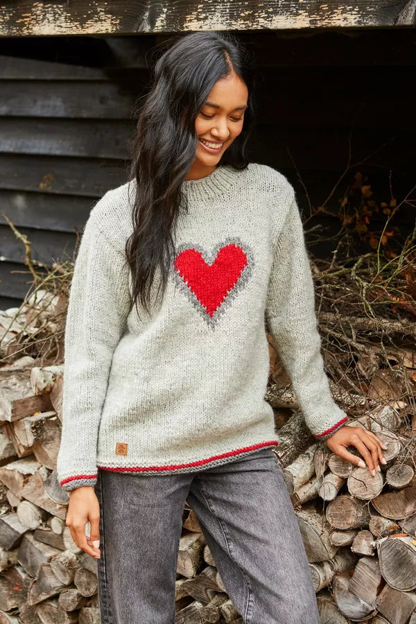 Pachamama Womens Oatmeal Heart Sweater Jumper, Hand Knitted, Fair