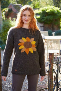 lusciousscarves Pachamama Womens Sunflower Design Sweater Jumper, Hand Knitted, Fair Trade