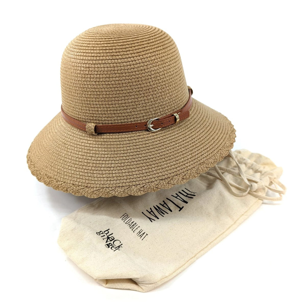 lusciousscarves Packable Cloche Travel Sun Hat with Belt Design - Foldable with Plaited Edging,  Natural