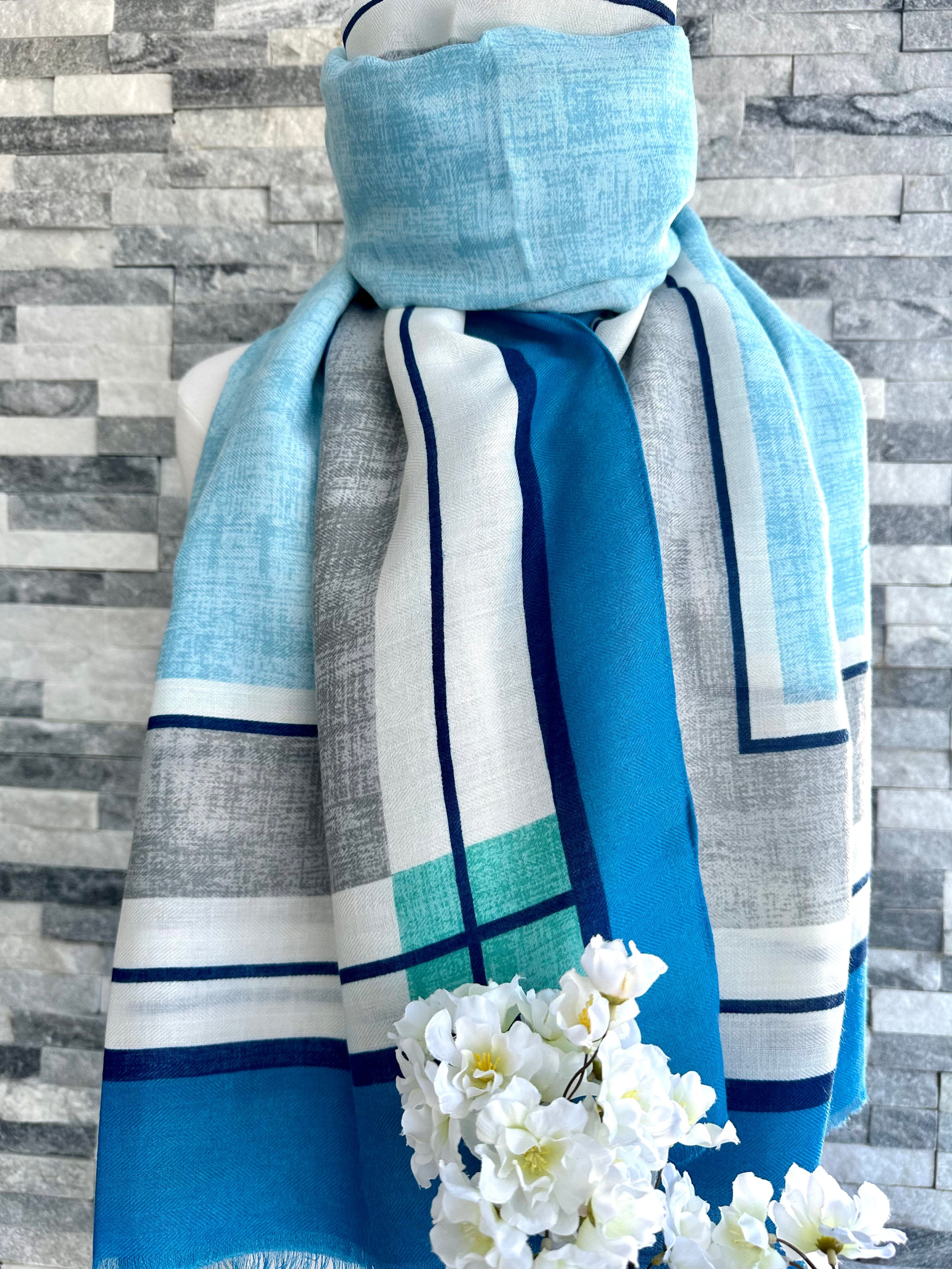 lusciousscarves Pale Blue and Grey Bright Borders and Lines Scarf.