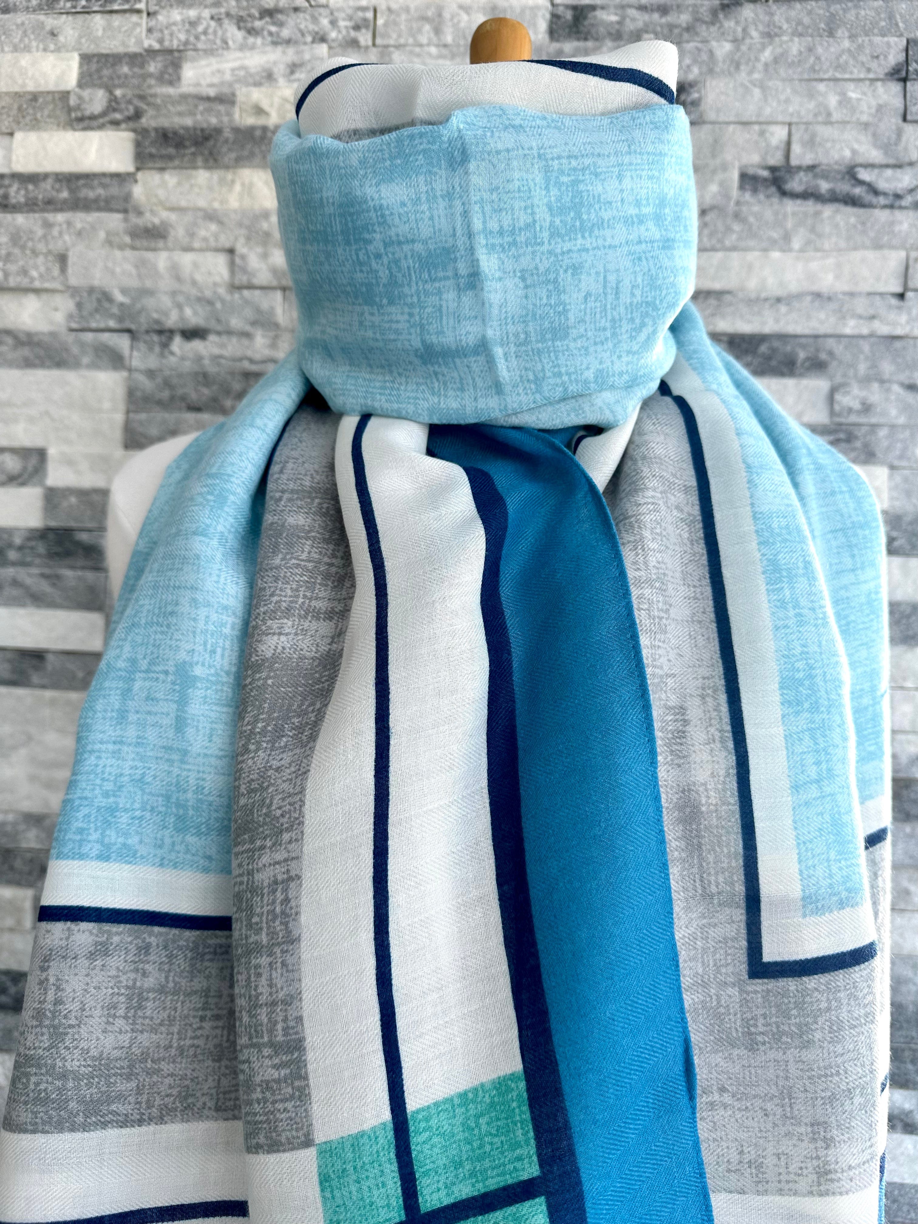 lusciousscarves Pale Blue and Grey Bright Borders and Lines Scarf.