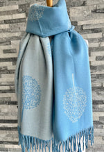 Load image into Gallery viewer, lusciousscarves Pale Blue and Grey Reversible Mulberry Tree Scarf / Wrap , cashmere blend
