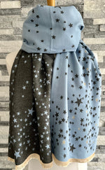 Load image into Gallery viewer, lusciousscarves Pale Blue and Grey Reversible Stars Scarf / Wrap .
