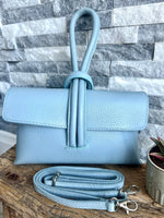 Load image into Gallery viewer, lusciousscarves Pale  Blue Italian Leather Clutch Bag , Evening Bag with Loop Handle

