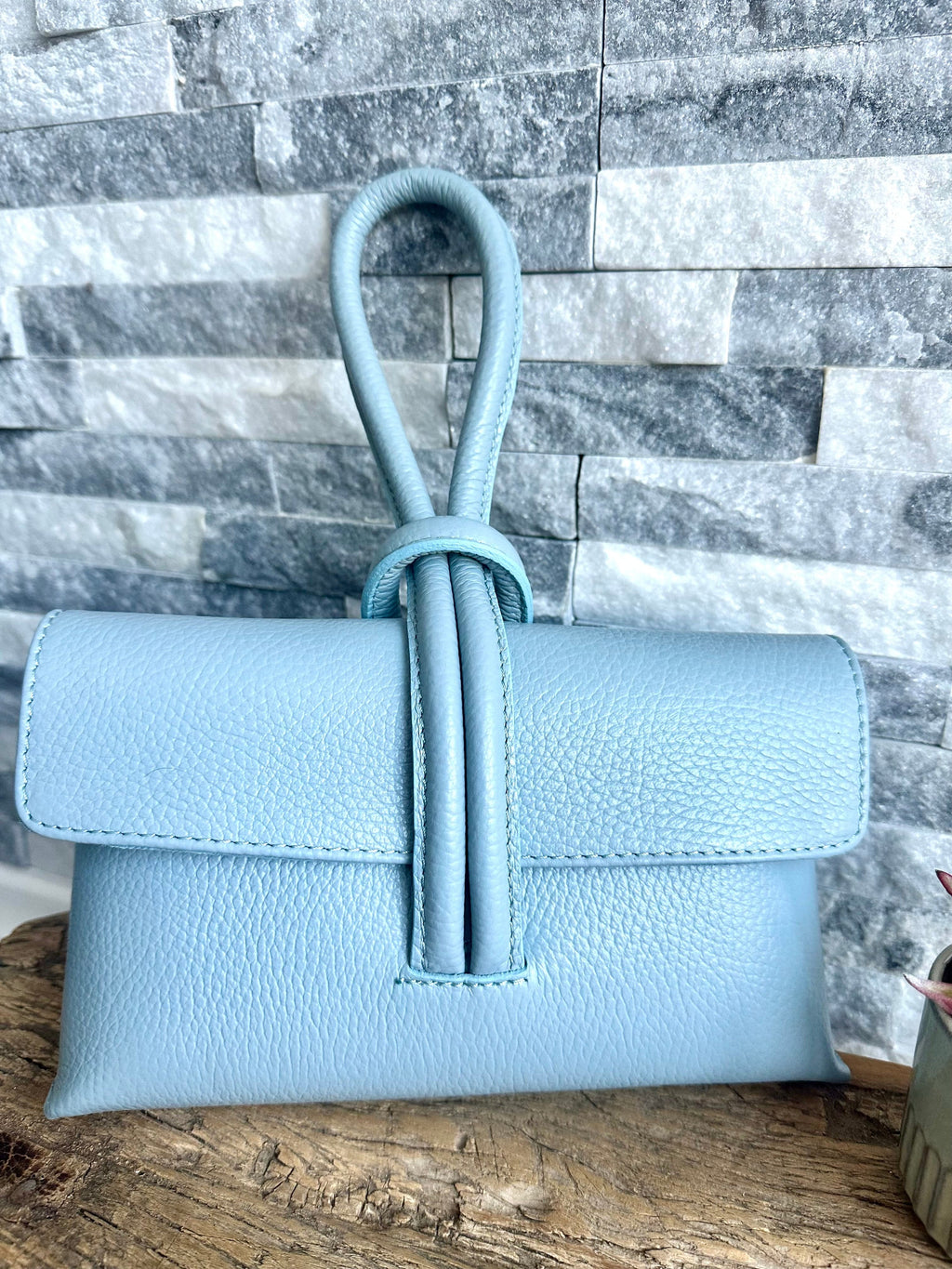lusciousscarves Pale  Blue Italian Leather Clutch Bag , Evening Bag with Loop Handle
