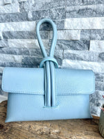 Load image into Gallery viewer, lusciousscarves Pale  Blue Italian Leather Clutch Bag , Evening Bag with Loop Handle
