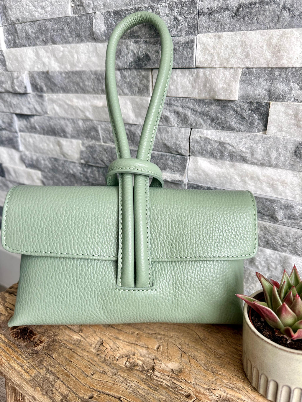 lusciousscarves Pale Green Italian Leather Clutch Bag, Evening Bag  with Loop Handle