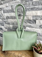 Load image into Gallery viewer, lusciousscarves Pale Green Italian Leather Clutch Bag, Evening Bag  with Loop Handle
