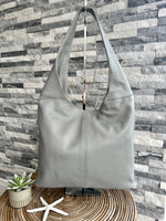 Load image into Gallery viewer, lusciousscarves Pale Grey Leather Classic Hobo Style Shoulder Bag.
