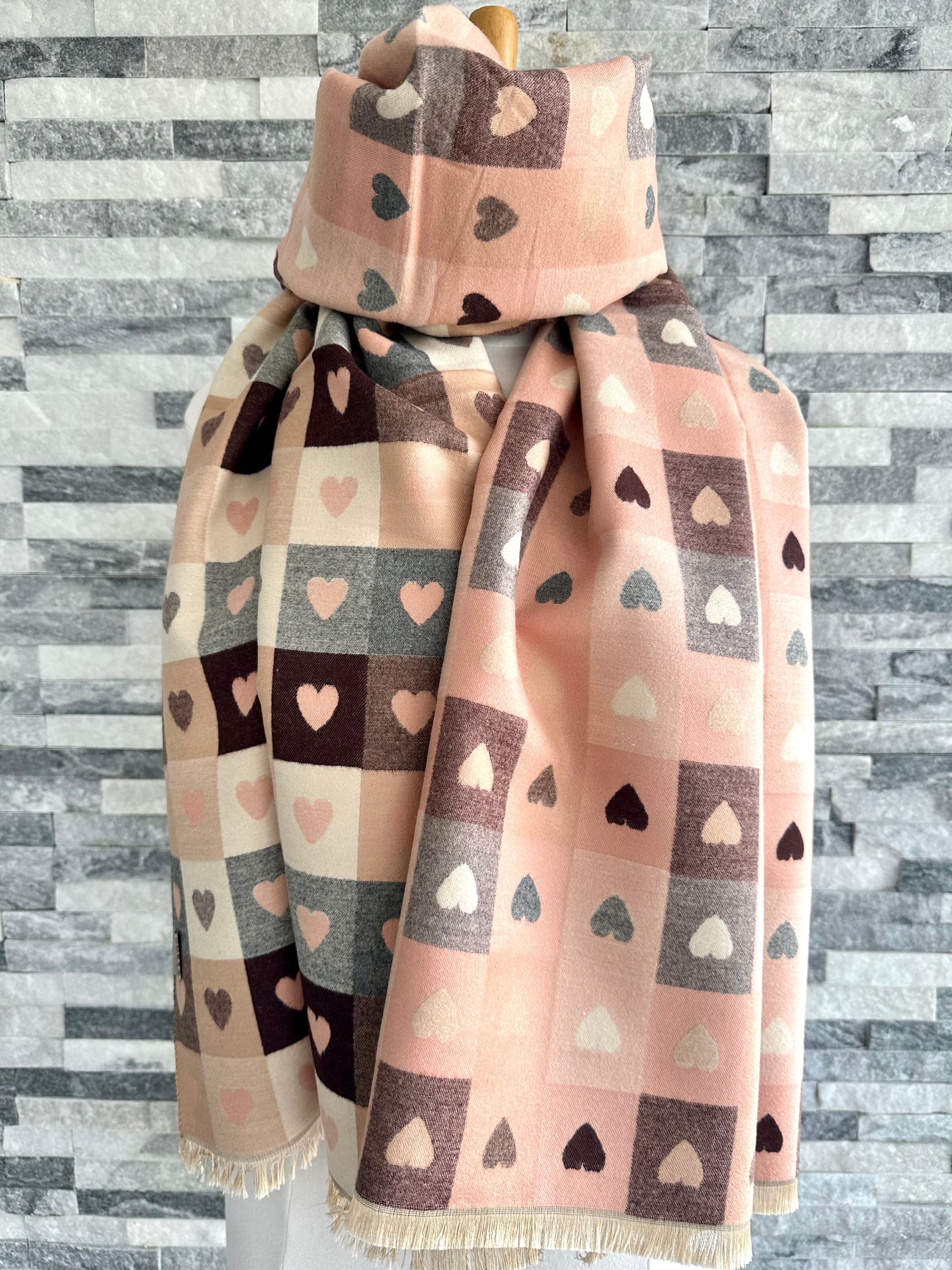 lusciousscarves Pale Pink and Brown Reversible Hearts and Checks Design Scarf.