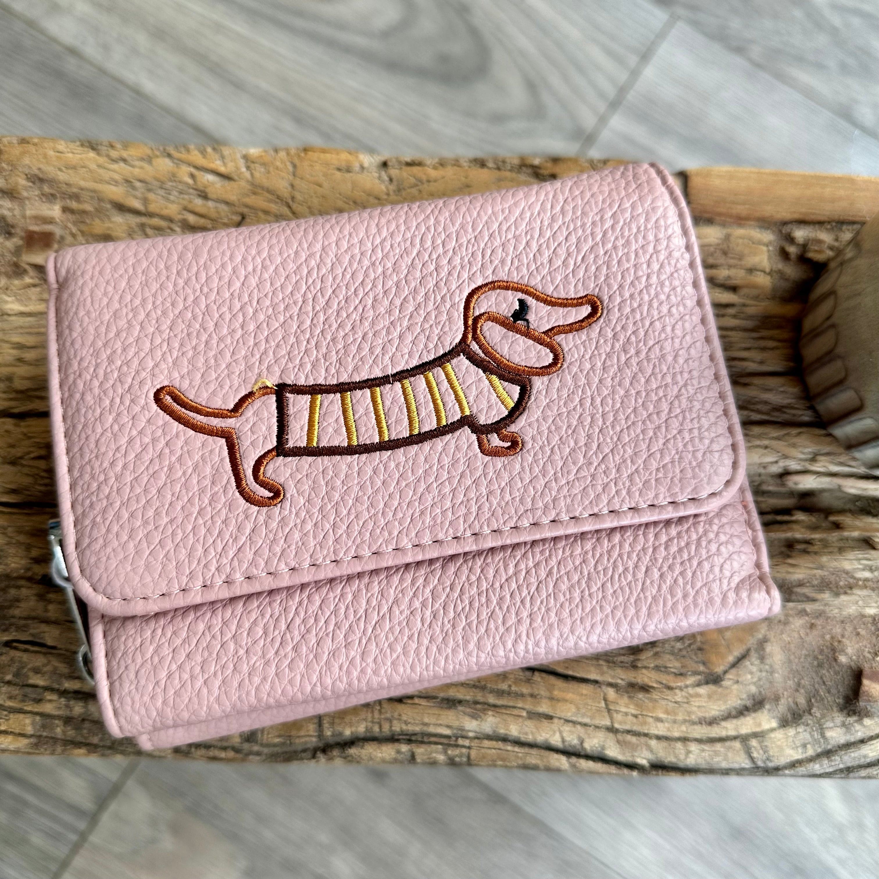 lusciousscarves Pale Pink Embroidered Sausage Dog , Dachshund Wallet Zip Purse