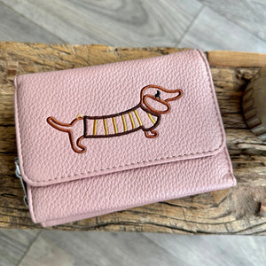 lusciousscarves Pale Pink Embroidered Sausage Dog , Dachshund Wallet Zip Purse
