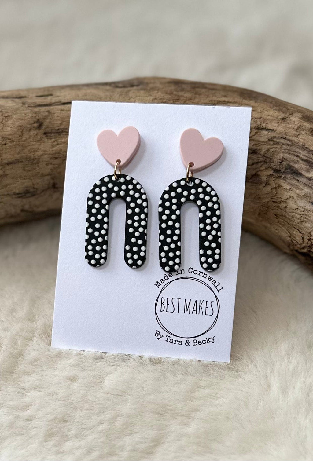 lusciousscarves Pale Pink Heart Earrings with a Black and White Dotty Dangle