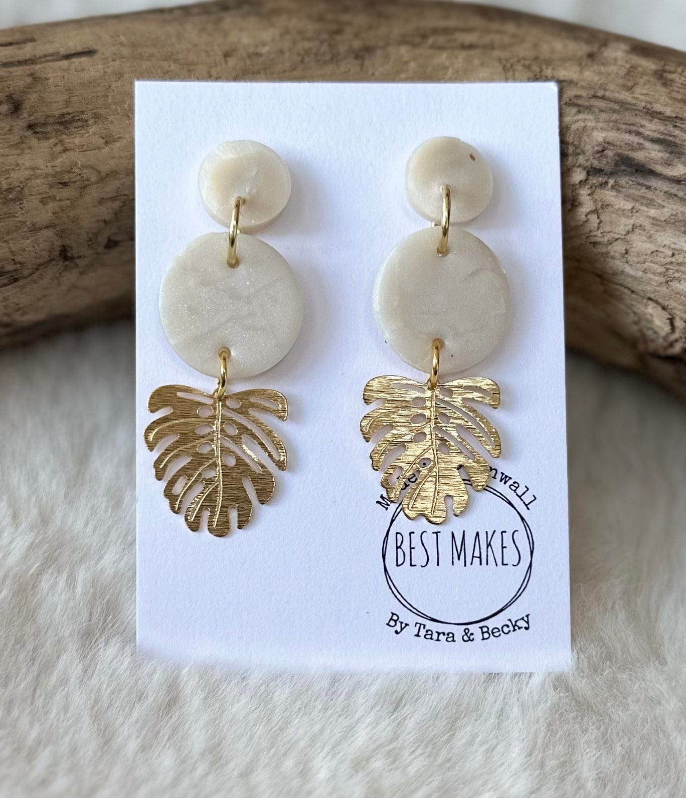 lusciousscarves Pearly White and Gold Palm Leaf Dangles