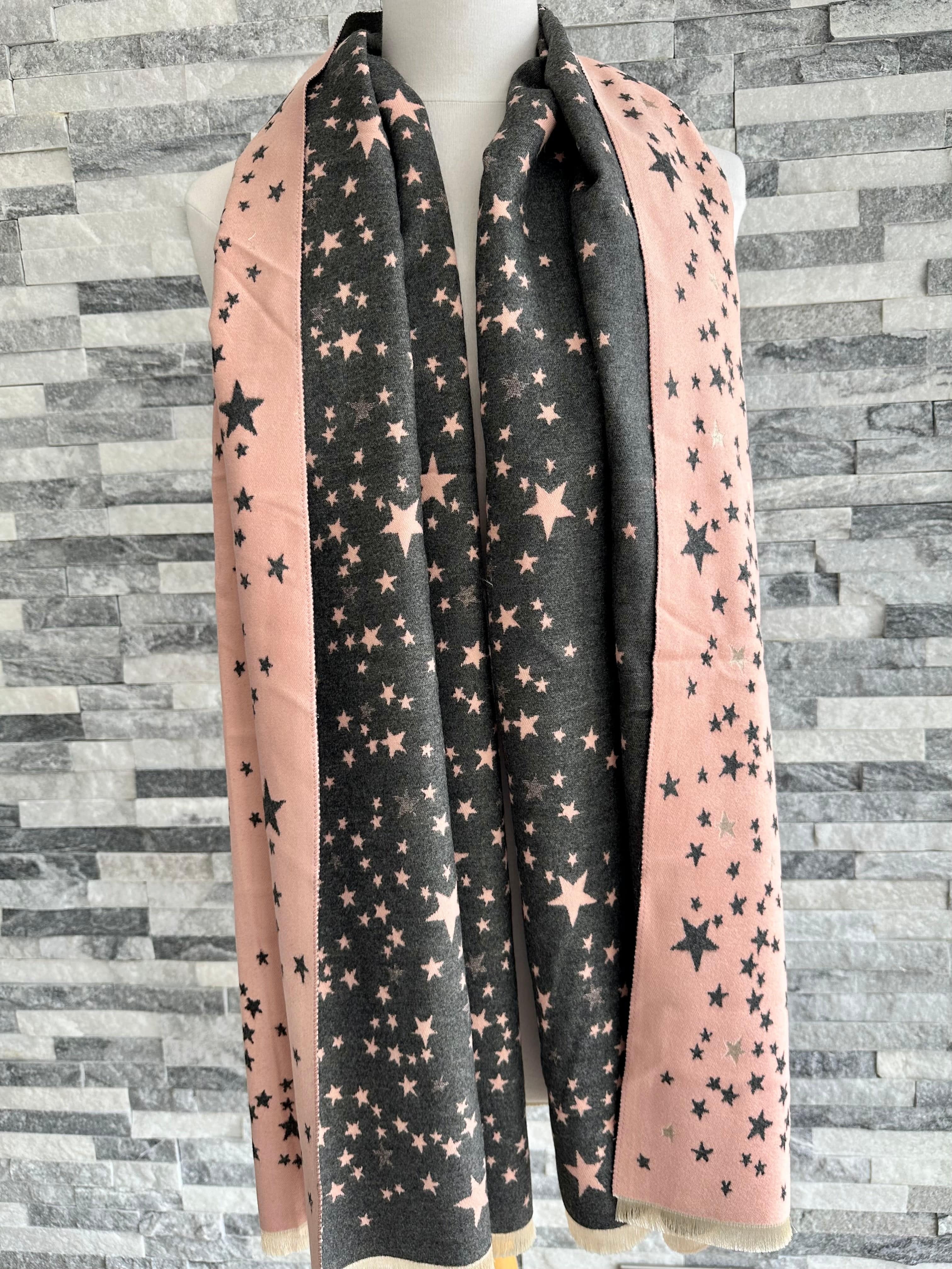 lusciousscarves Pink and Grey Reversible Stars Scarf / Wrap