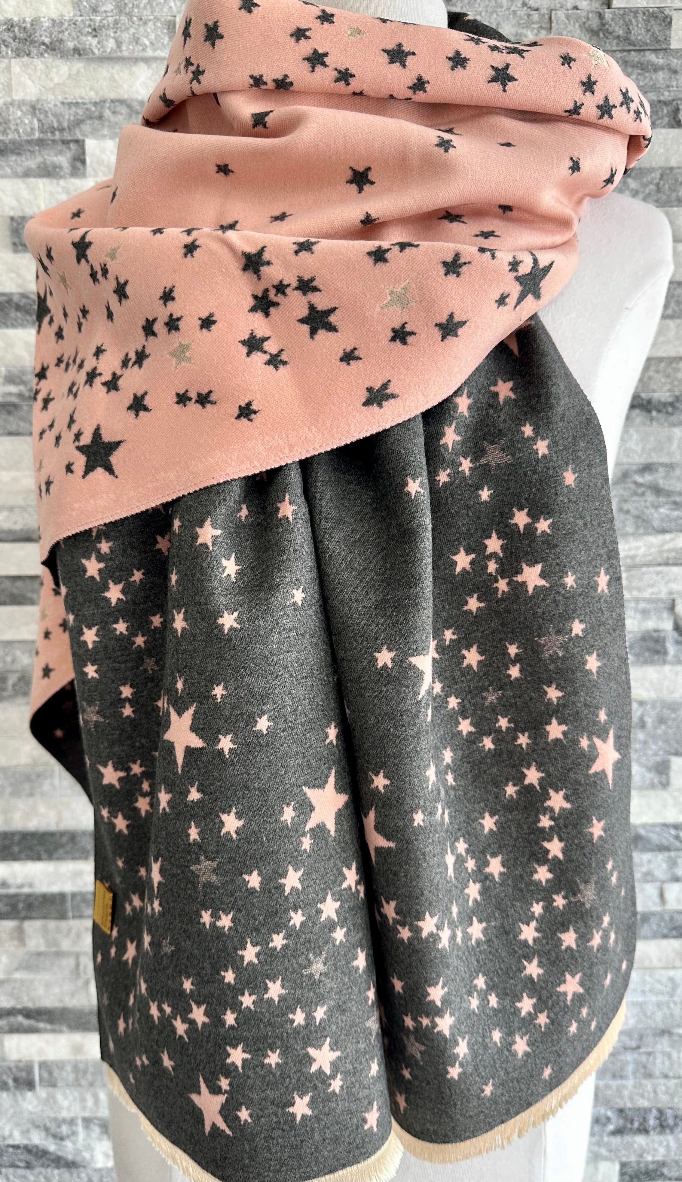 lusciousscarves Pink and Grey Reversible Stars Scarf / Wrap