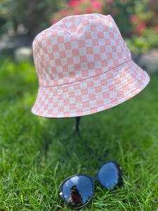 lusciousscarves Pink and Peach Chequered Design Reversible Bucket Hat ,