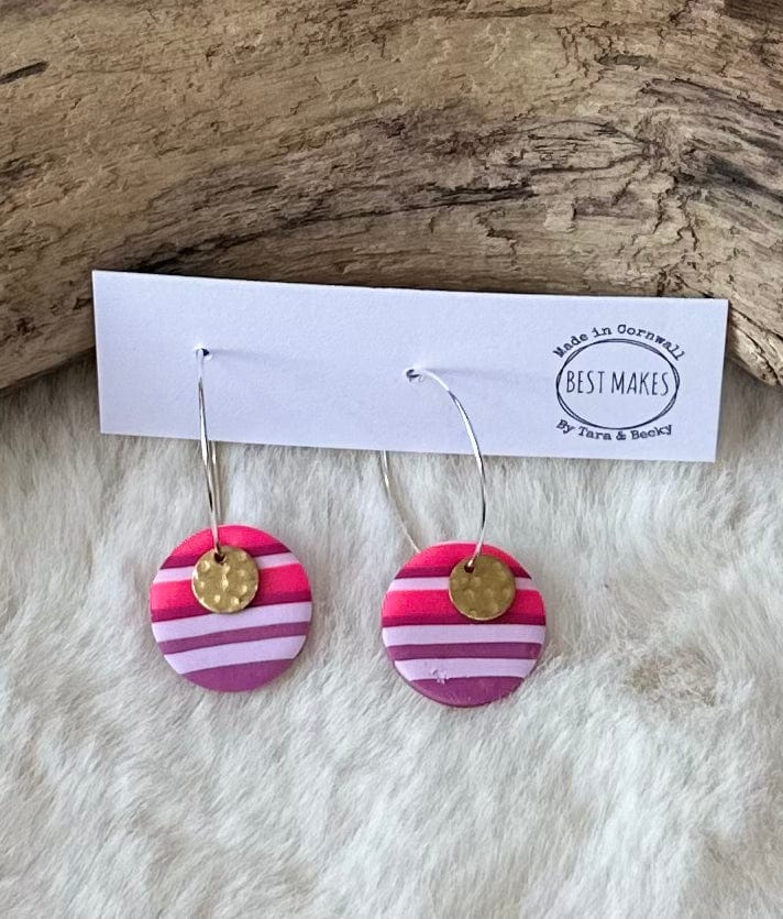 lusciousscarves Pink Stripe ,Gold Disc drop hoops. handmade