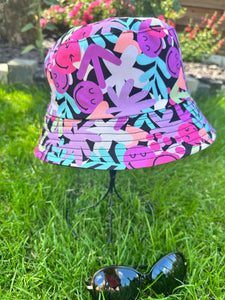 lusciousscarves Purple and Pink Smiley Faces Bucket Hat, Reversible Design.