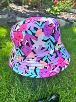 Load image into Gallery viewer, lusciousscarves Purple and Pink Smiley Faces Bucket Hat, Reversible Design.
