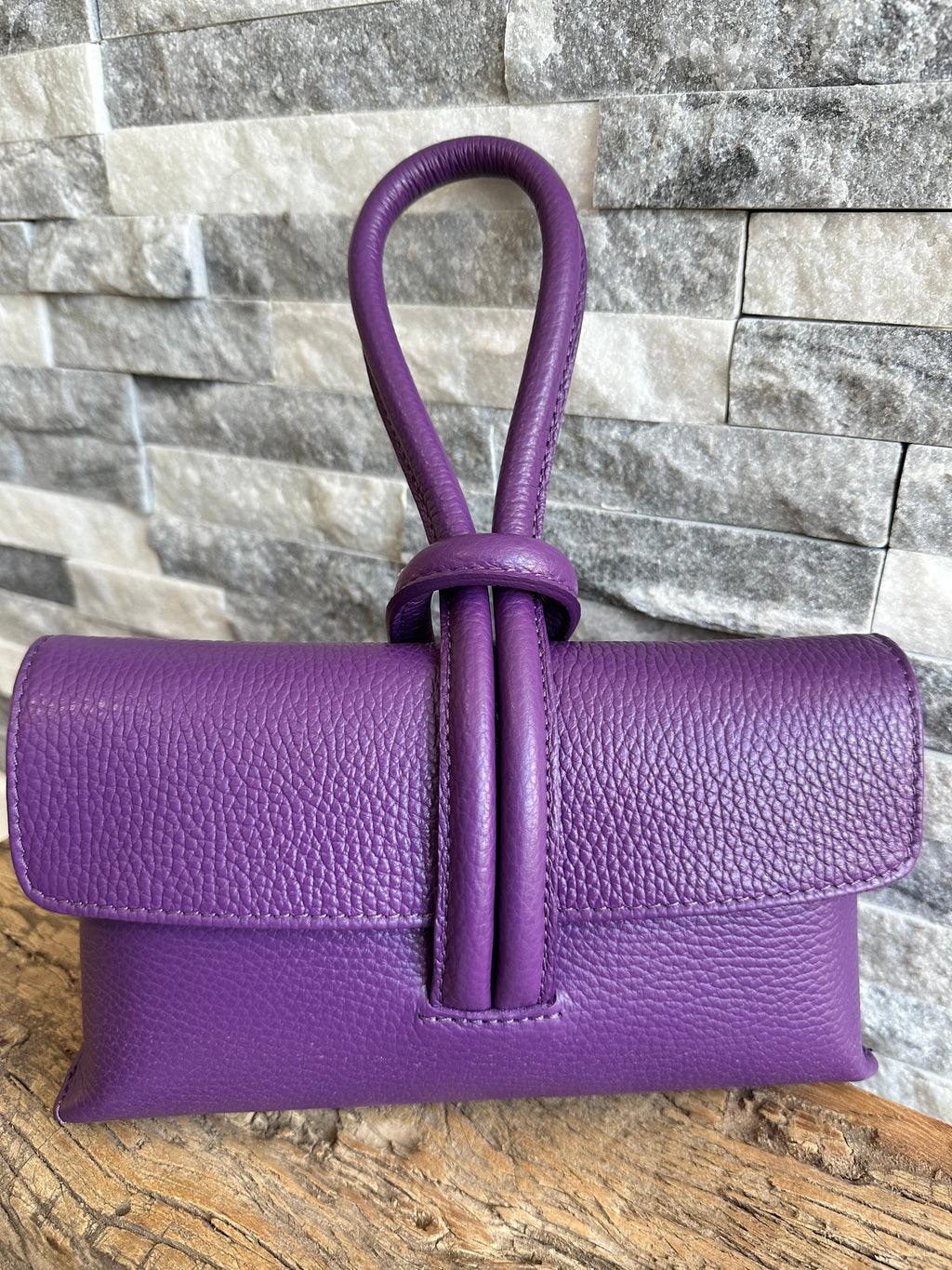lusciousscarves Purple Italian Leather Clutch Bag with Loop Handle.
