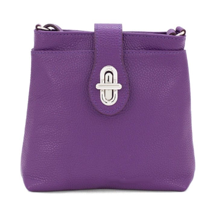 lusciousscarves Purple Italian Leather Multi Compartment Crossbody Bag with Twist Lock.