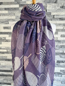 lusciousscarves Purple Scarf with Pink, Navy and Off White Patterned Leaves.