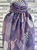 Load image into Gallery viewer, lusciousscarves Purple Scarf with Pink, Navy and Off White Patterned Leaves.
