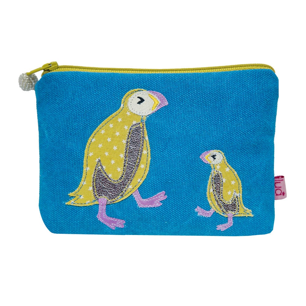lusciousscarves purses Lua Designs Soft Canvas Teal Zip Purse With Embroidered Puffins