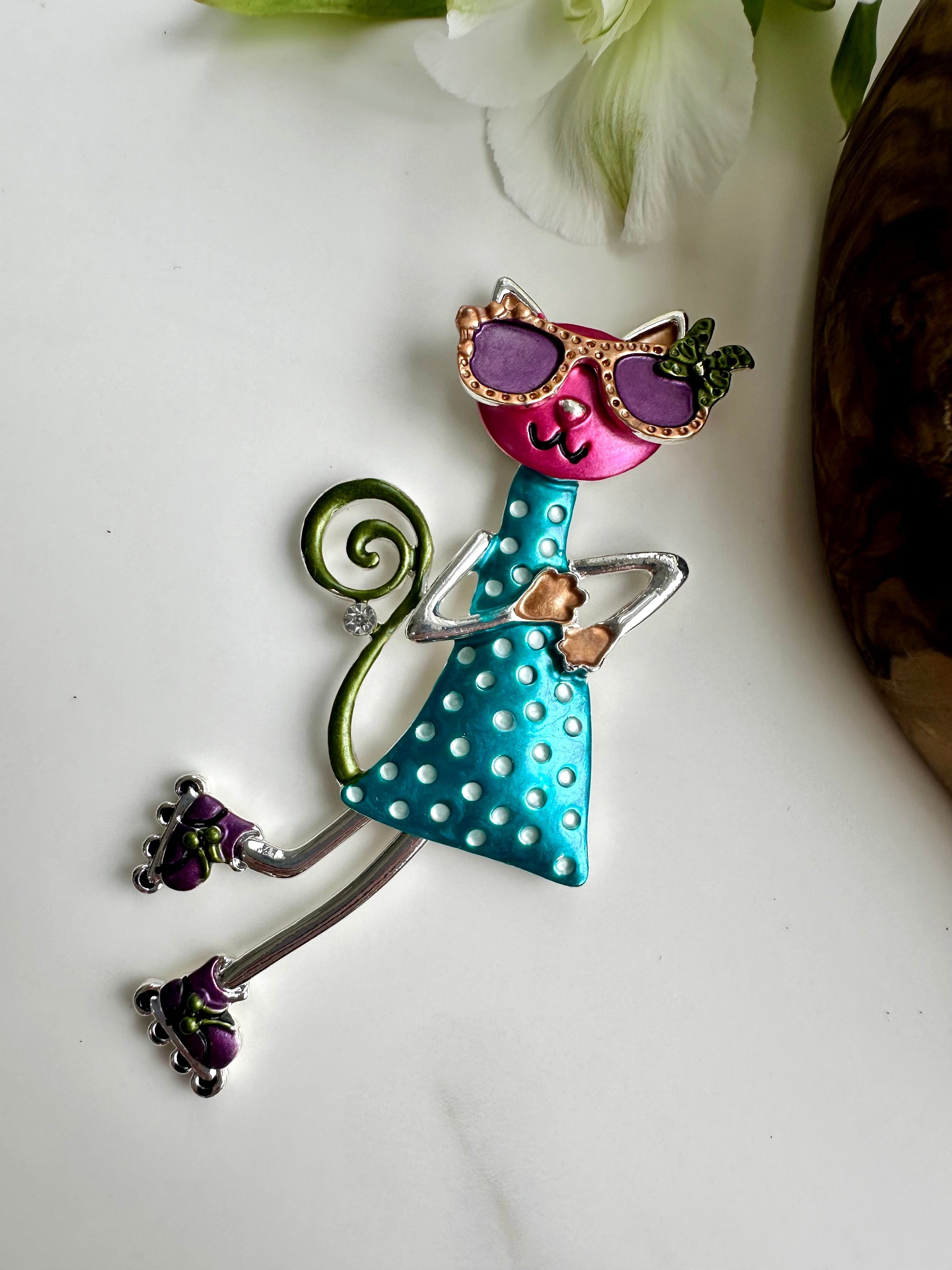 lusciousscarves Quirky Cat Magnetic Brooch , Turquoise, Pink and Purple