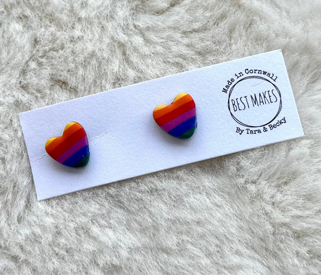 lusciousscarves Rainbow stud Heart Earrings, Handmade in Cornwall.