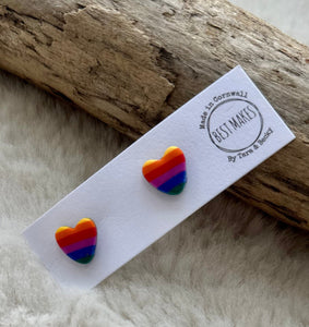 lusciousscarves Rainbow stud Heart Earrings, Handmade in Cornwall.