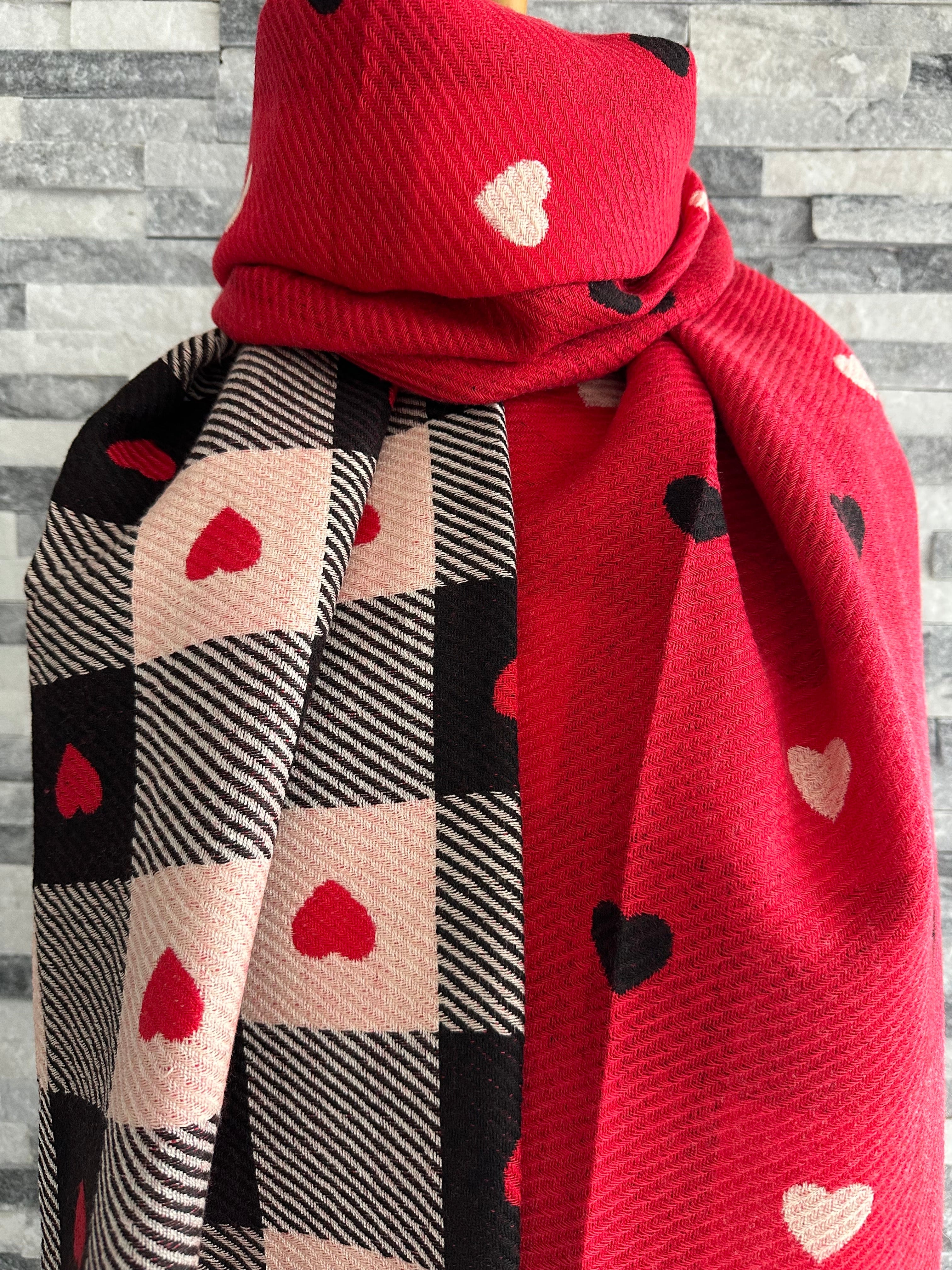 lusciousscarves Red, Black and Cream Reversible Hearts and Checks Scarf , Cashmere blend