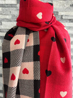 Load image into Gallery viewer, lusciousscarves Red, Black and Cream Reversible Hearts and Checks Scarf , Cashmere blend
