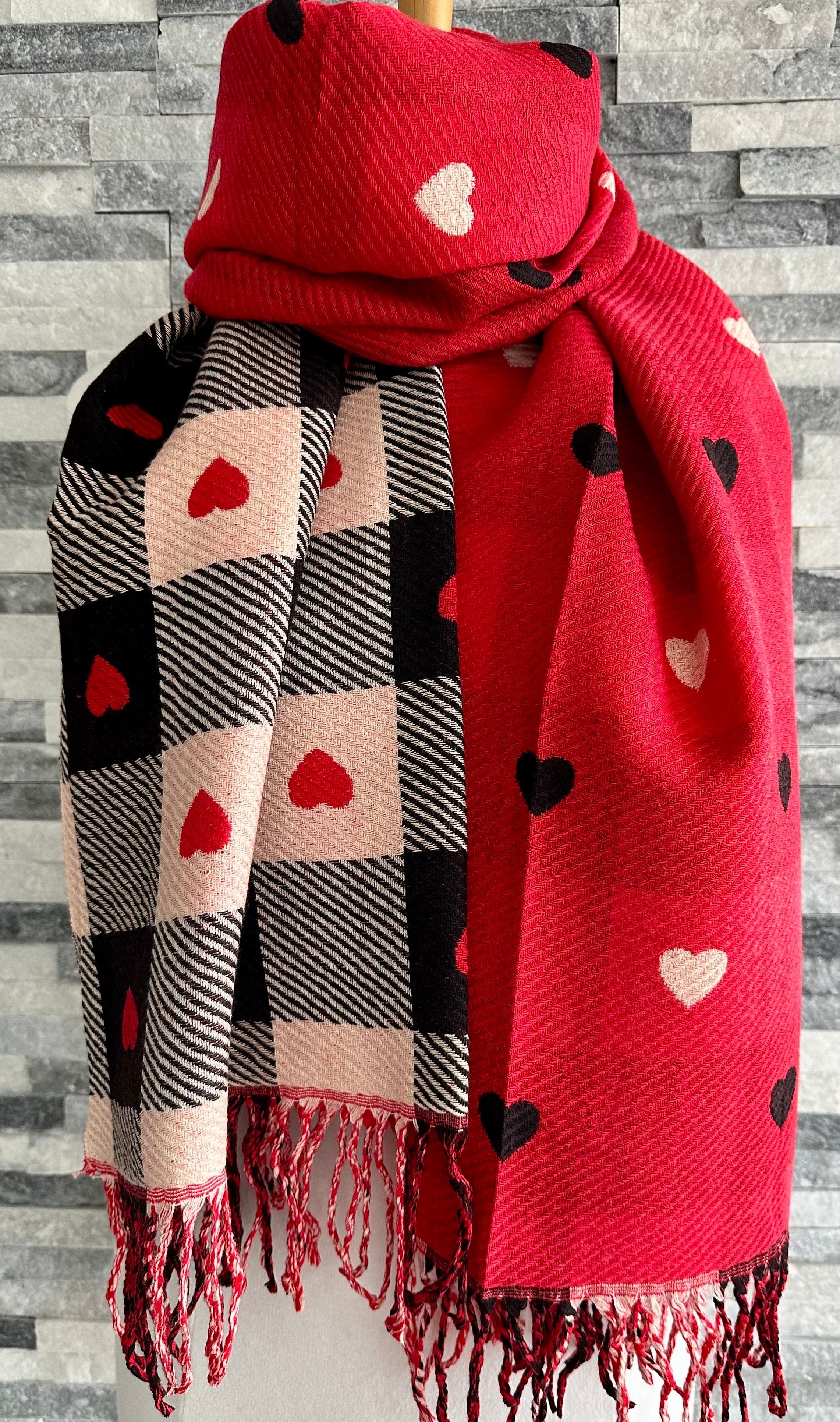 lusciousscarves Red, Black and Cream Reversible Hearts and Checks Scarf , Cashmere blend