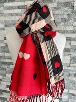 Load image into Gallery viewer, lusciousscarves Red, Black and Cream Reversible Hearts and Checks Scarf , Cashmere blend
