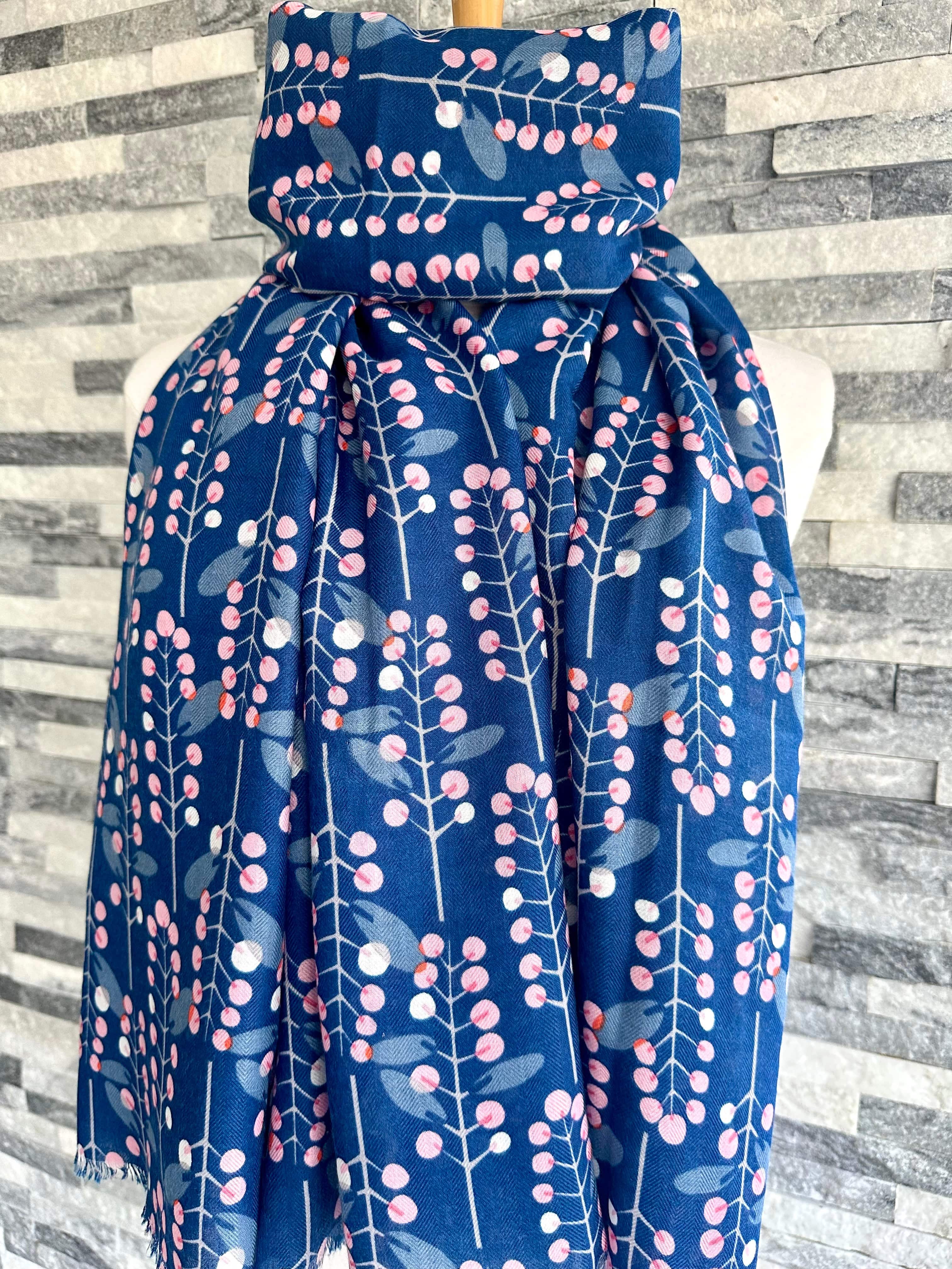 lusciousscarves Red Cuckoo Blue Scarf with White and Pale Pink Leaves and Berries.