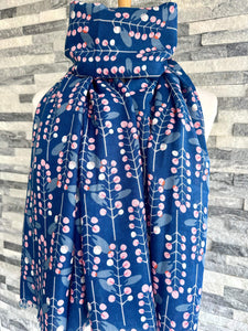 lusciousscarves Red Cuckoo Blue Scarf with White and Pale Pink Leaves and Berries.