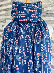 lusciousscarves Red Cuckoo Blue Scarf with White and Pale Pink Leaves and Berries.