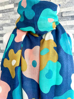 Load image into Gallery viewer, lusciousscarves Red Cuckoo Floral Splodge Scarf, Navy, Turquoise, Mustard and Pale Pink
