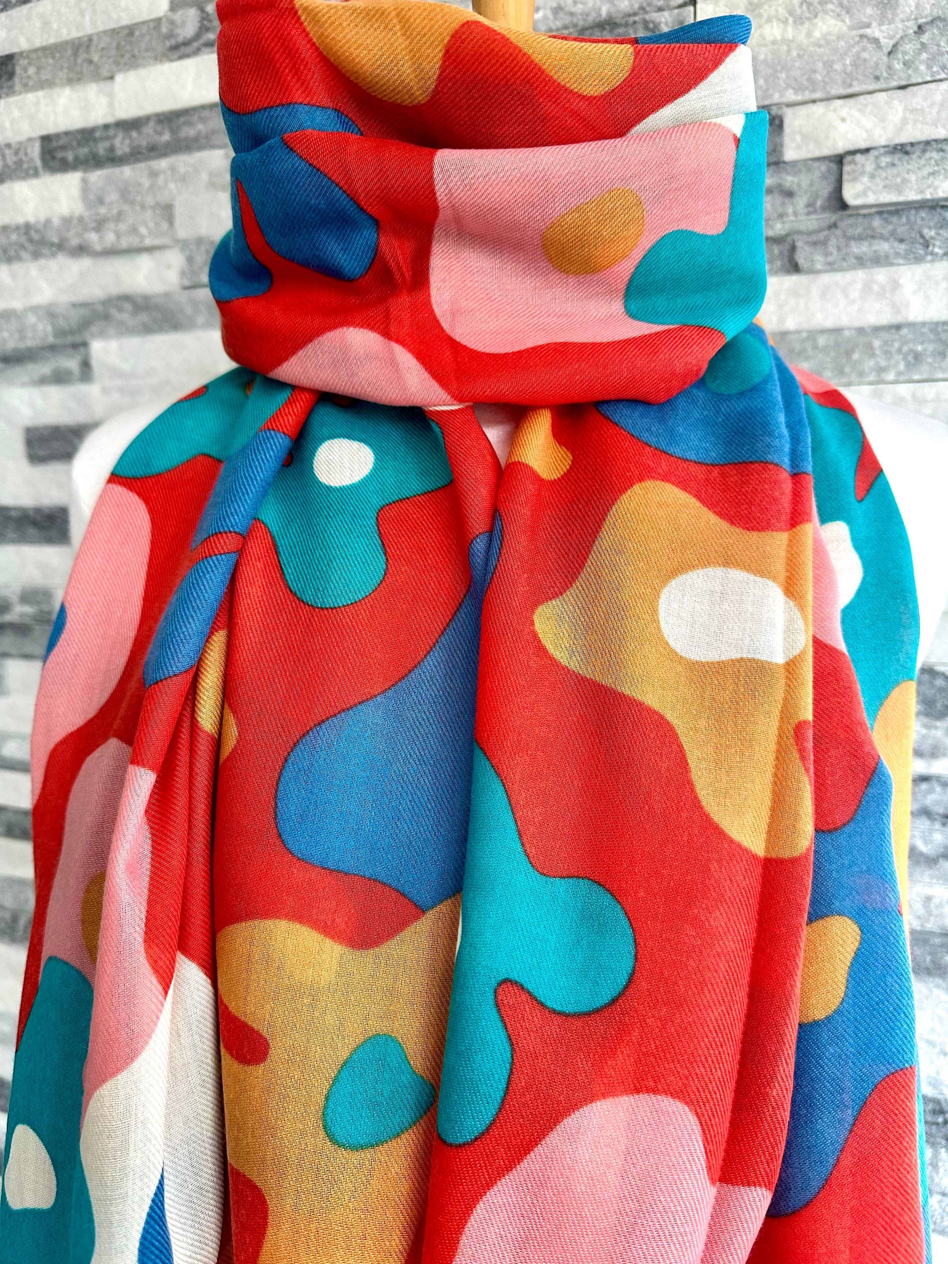 lusciousscarves Red Cuckoo Floral Splodge Scarf, Red, Turquoise, Mustard and Pale Pink