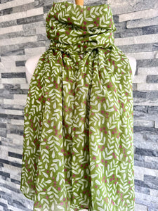 lusciousscarves Red Cuckoo Green Scarf with a White Leaves and Berries Design