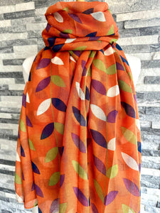 lusciousscarves Red Cuckoo Orange Scarf with White, Navy and Green Leaves
