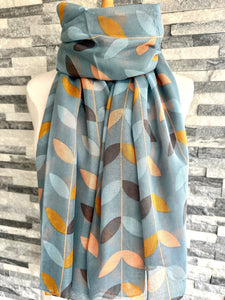 lusciousscarves Red Cuckoo Pale Blue Scarf with Grey, Peach and Orange Leaves