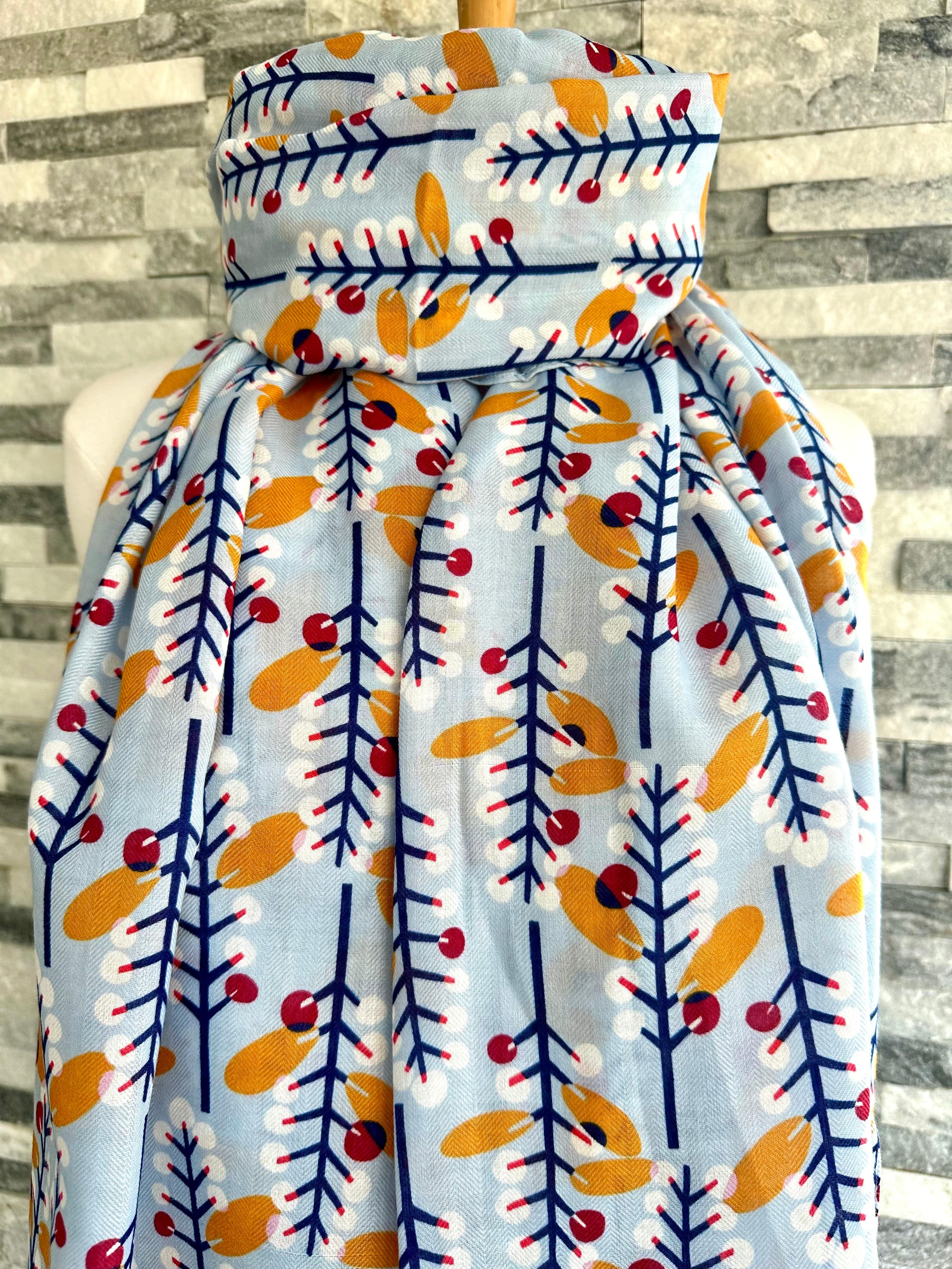 lusciousscarves Red Cuckoo Pale Blue Scarf with White, Navy, Red Leaves and Berries.