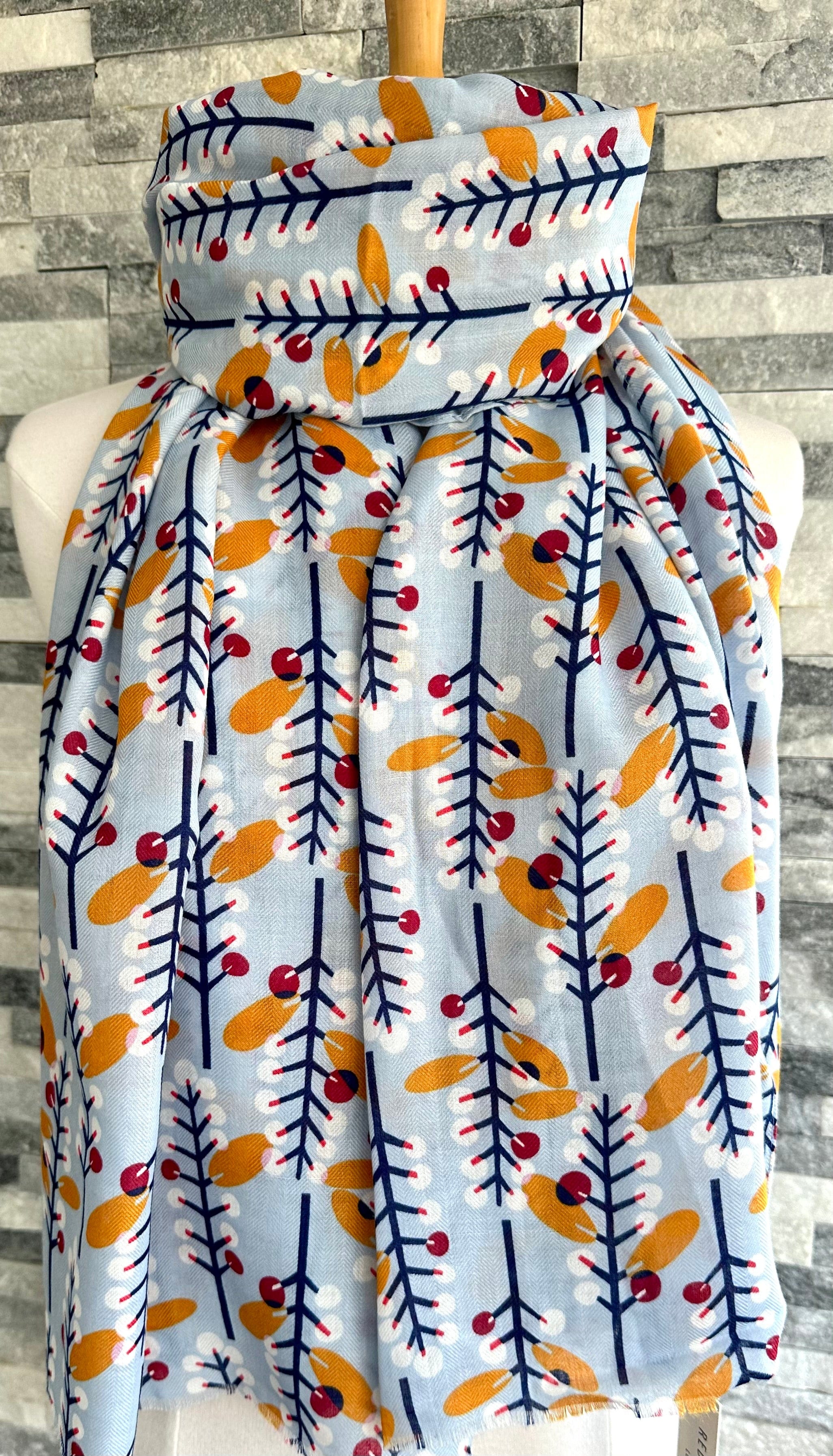 lusciousscarves Red Cuckoo Pale Blue Scarf with White, Navy, Red Leaves and Berries.